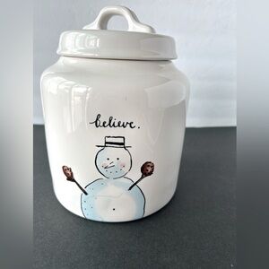 Rae Dunn “Believe “ Snowman Chubby Canister Cookie Jar